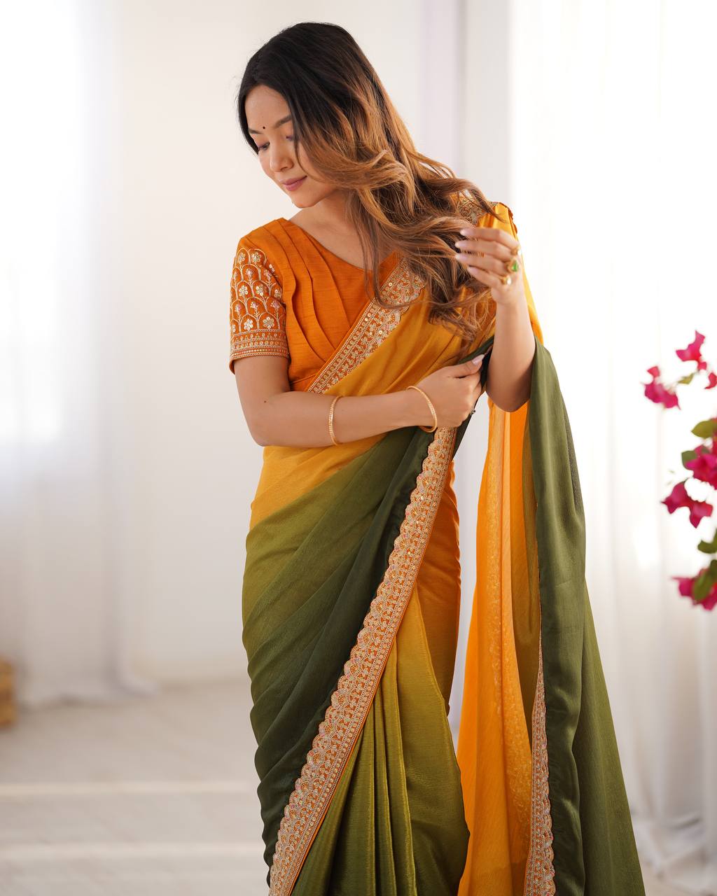 Lace Work Chinon Yellow & Green Saree