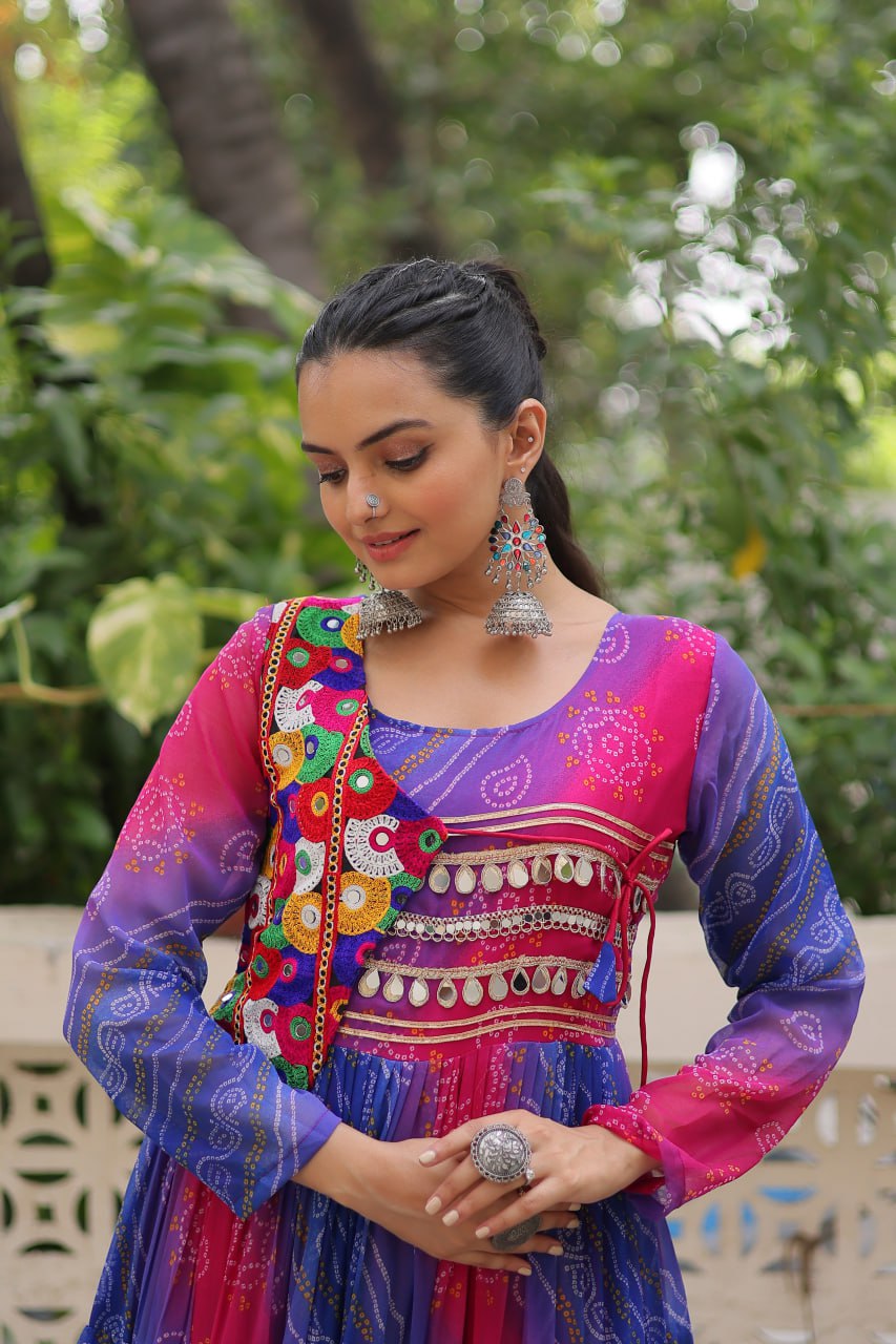 Pink and blue Laheriya and bandhej print with katchi patch work faux georgette