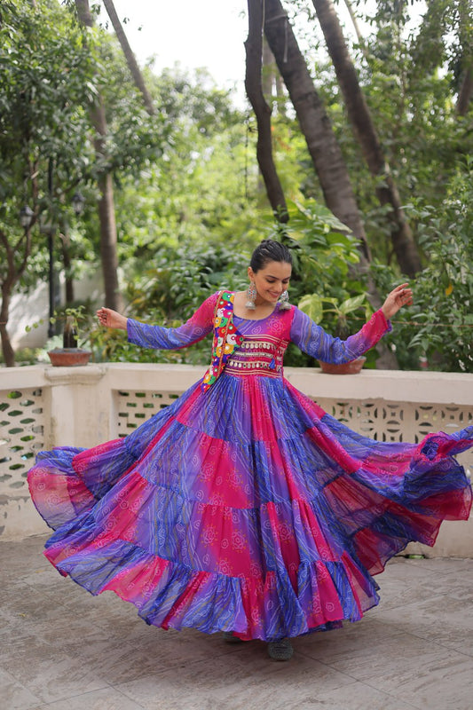 Pink and blue Laheriya and bandhej print with katchi patch work faux georgette