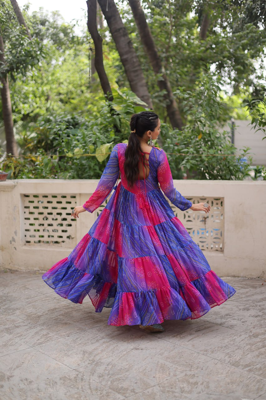 Pink and blue Laheriya and bandhej print with katchi patch work faux georgette