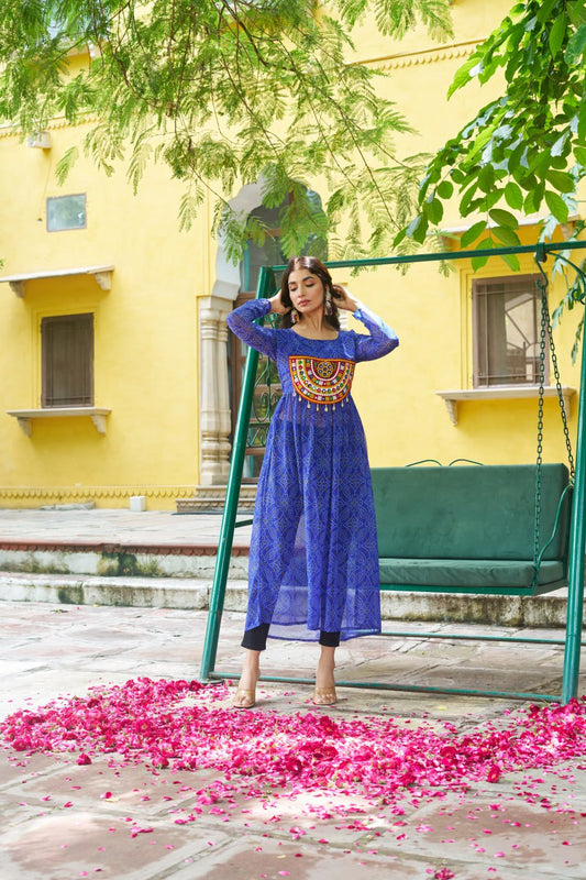 Blue banthej print and katchi patch work Garba Outfits Online