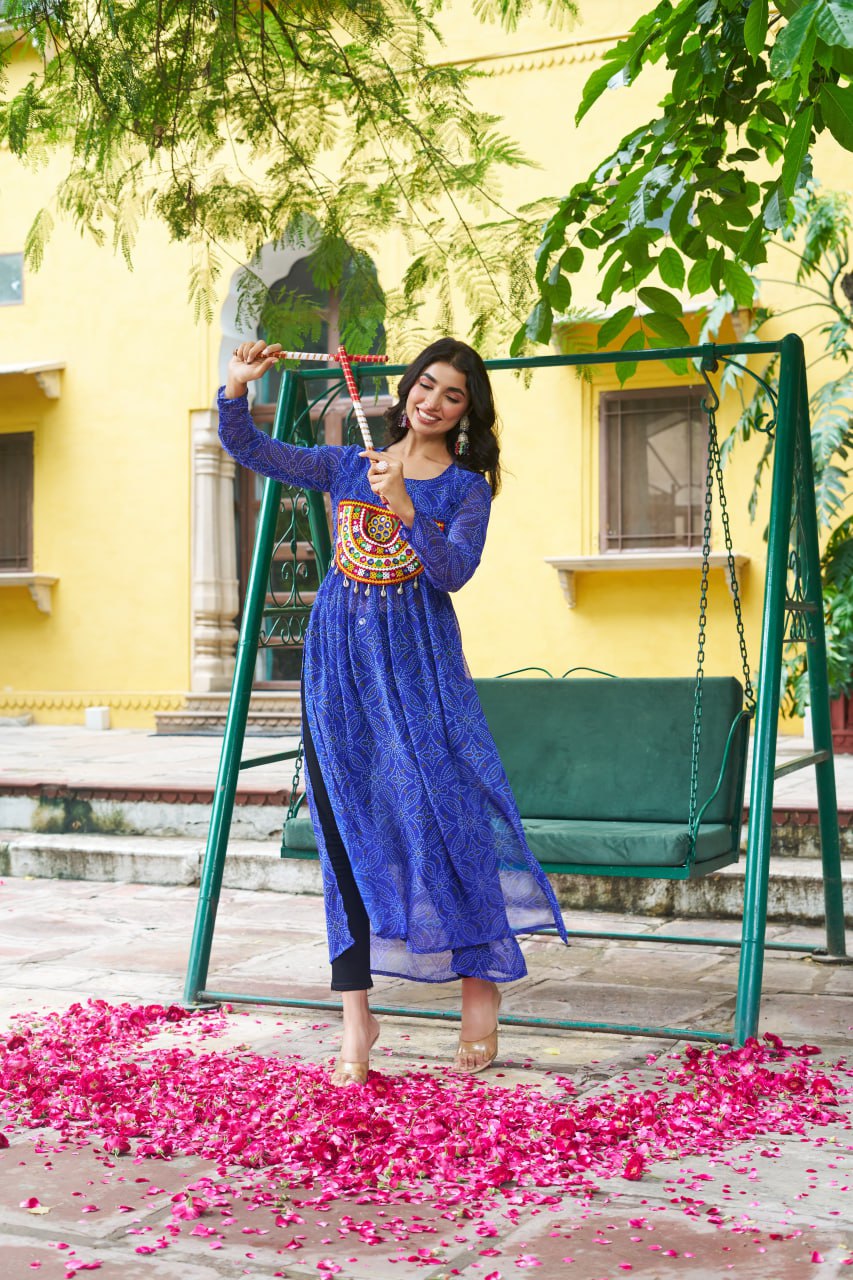 Blue banthej print and katchi patch work Garba Outfits Online