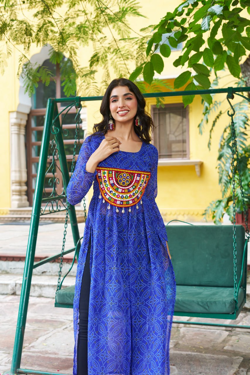 Blue banthej print and katchi patch work Garba Outfits Online