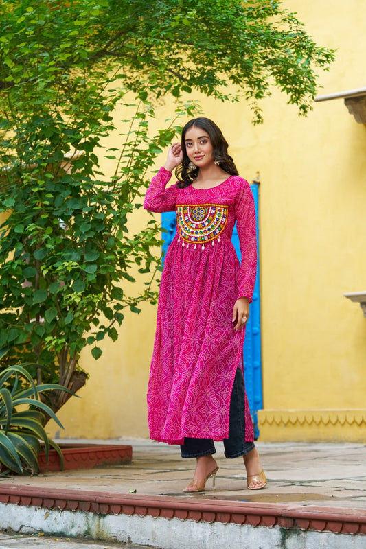 Pink banthej print and katchi patch work Garba Outfits Online
