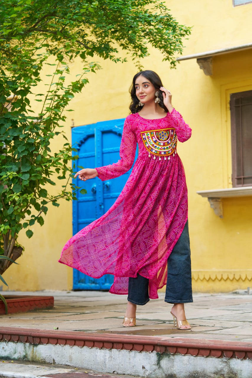 Pink banthej print and katchi patch work Garba Outfits Online