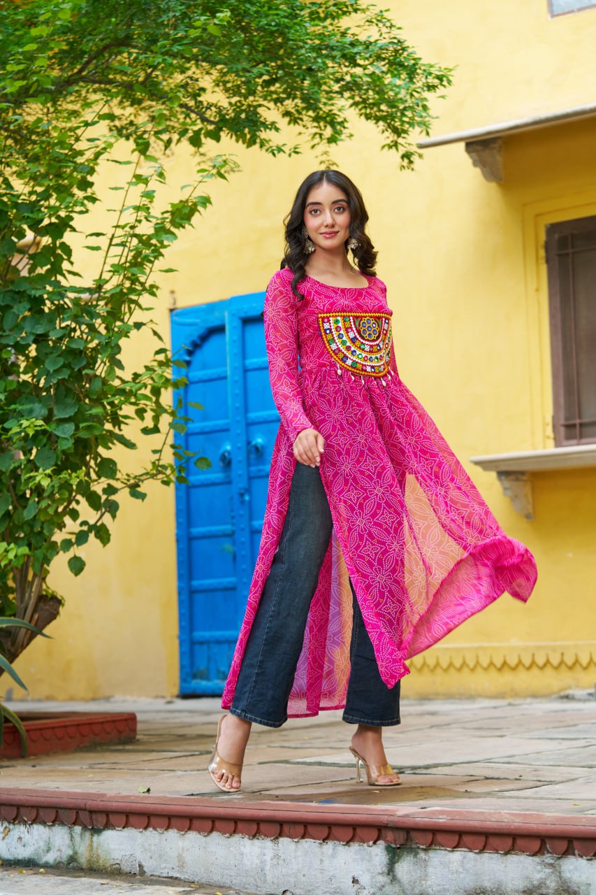 Pink banthej print and katchi patch work Garba Outfits Online