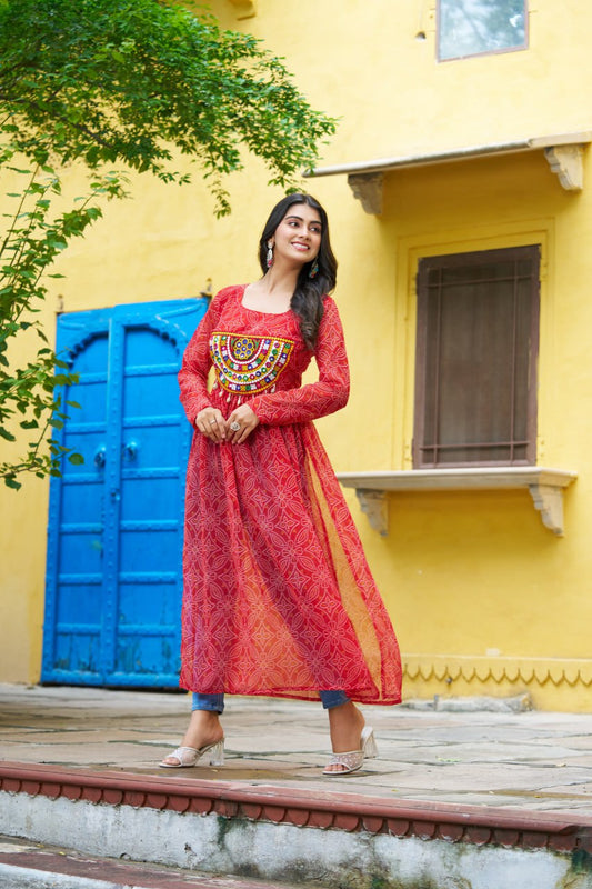 Red banthej print and katchi patch work Garba Outfits Online