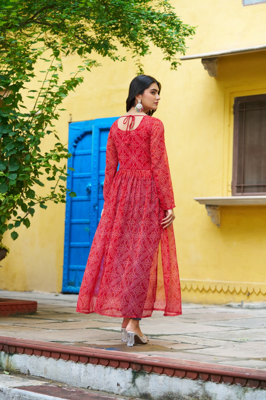 Red banthej print and katchi patch work Garba Outfits Online