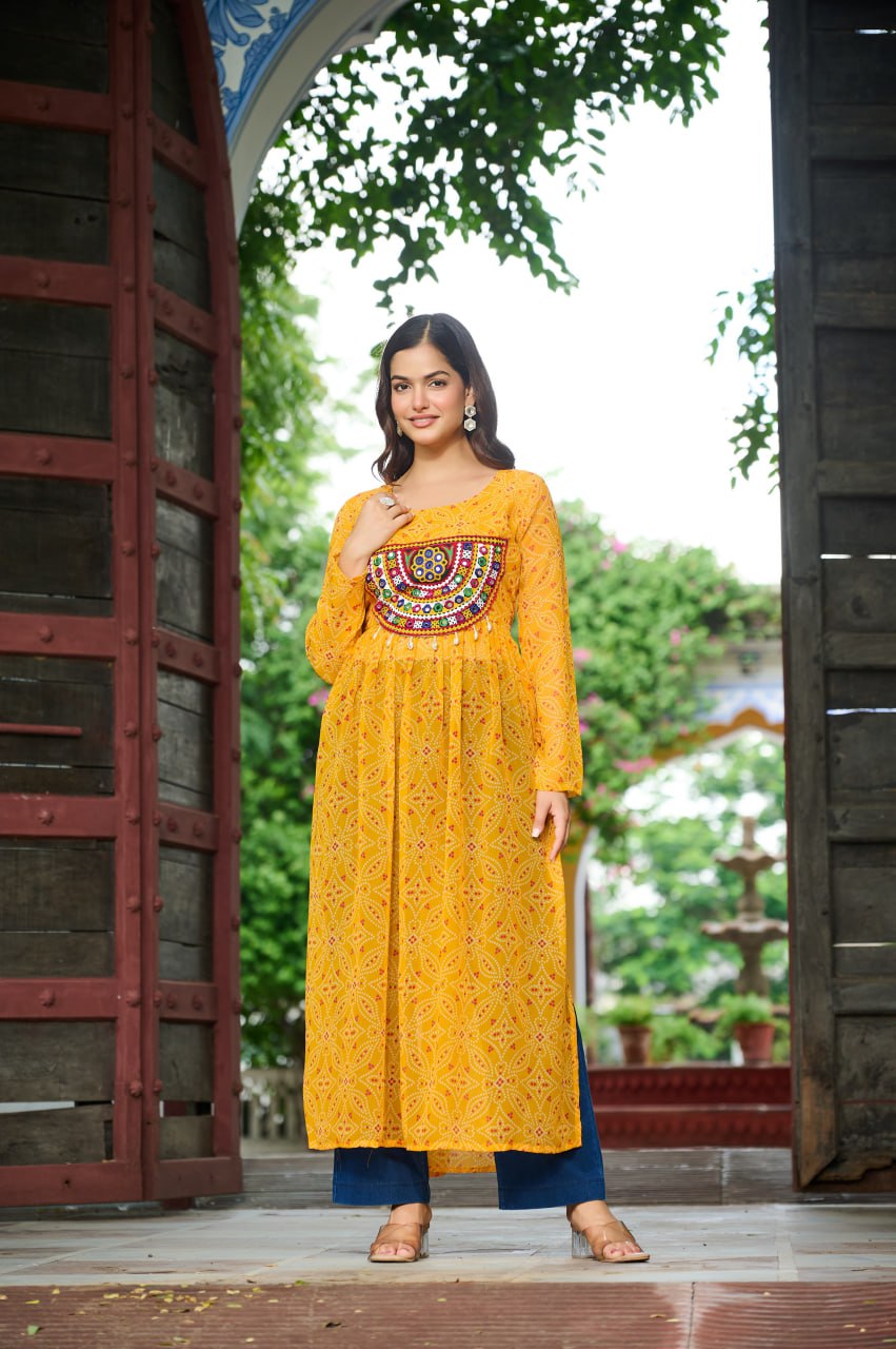 Yellow banthej print and katchi patch work Garba Outfits Online