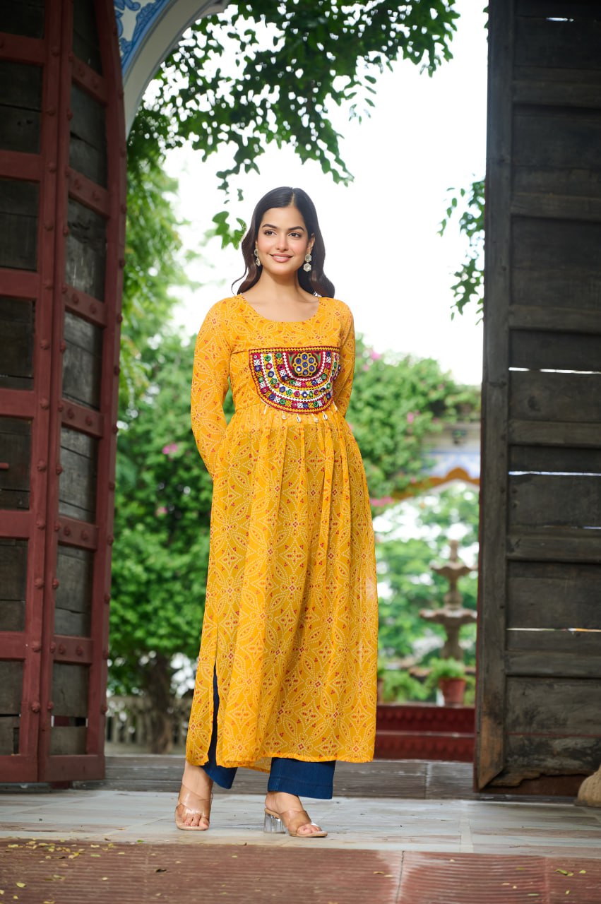 Yellow banthej print and katchi patch work Garba Outfits Onlinec