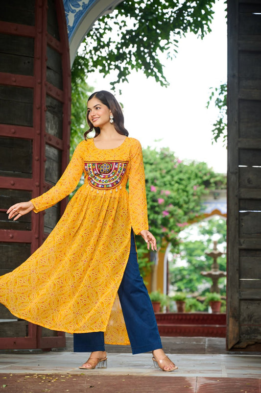 Yellow banthej print and katchi patch work Garba Outfits Online