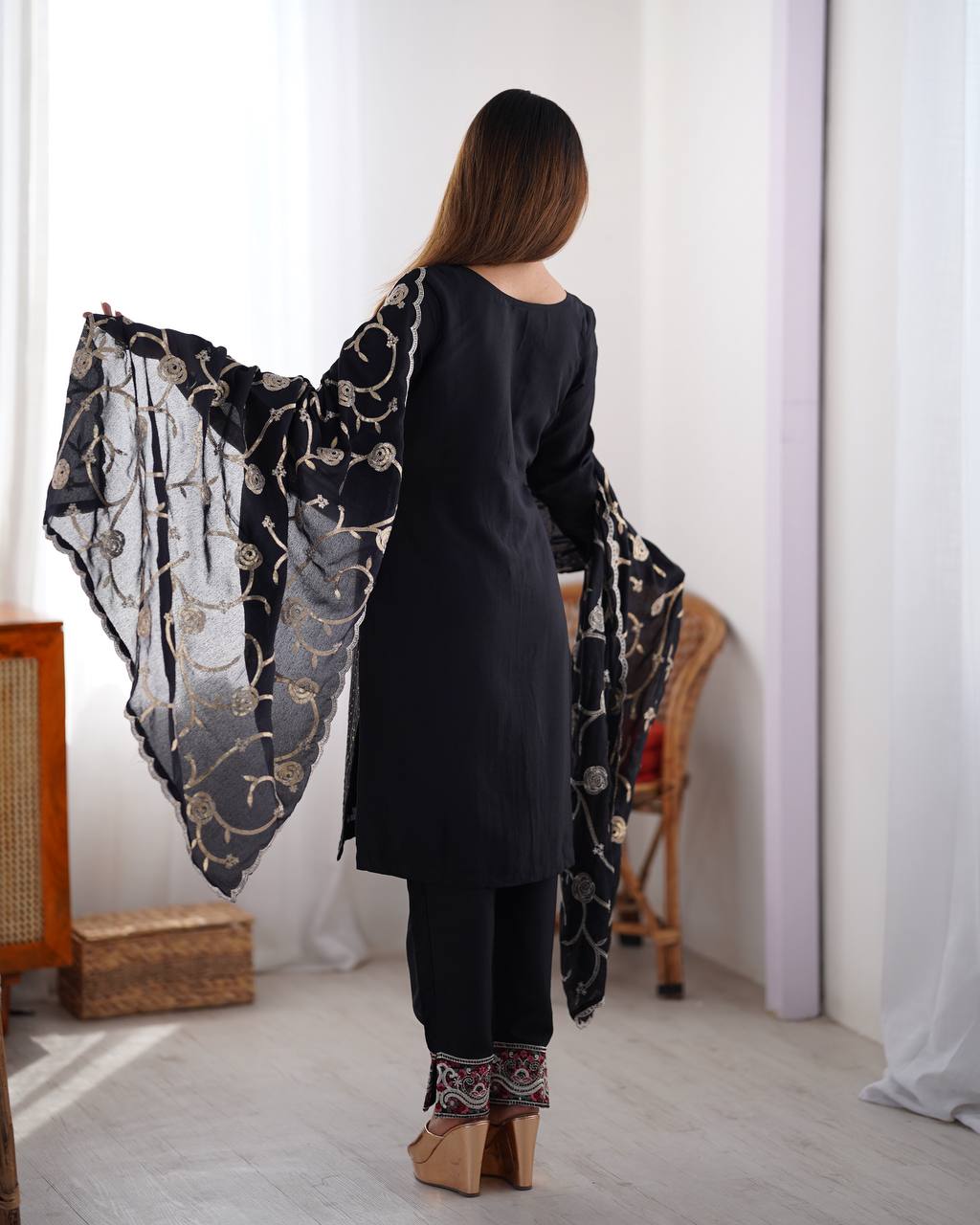 Chinon Sequnce Work Black Kurta set