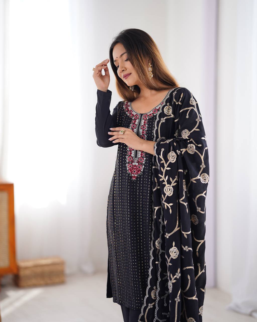 Chinon Sequnce Work Black Kurta set
