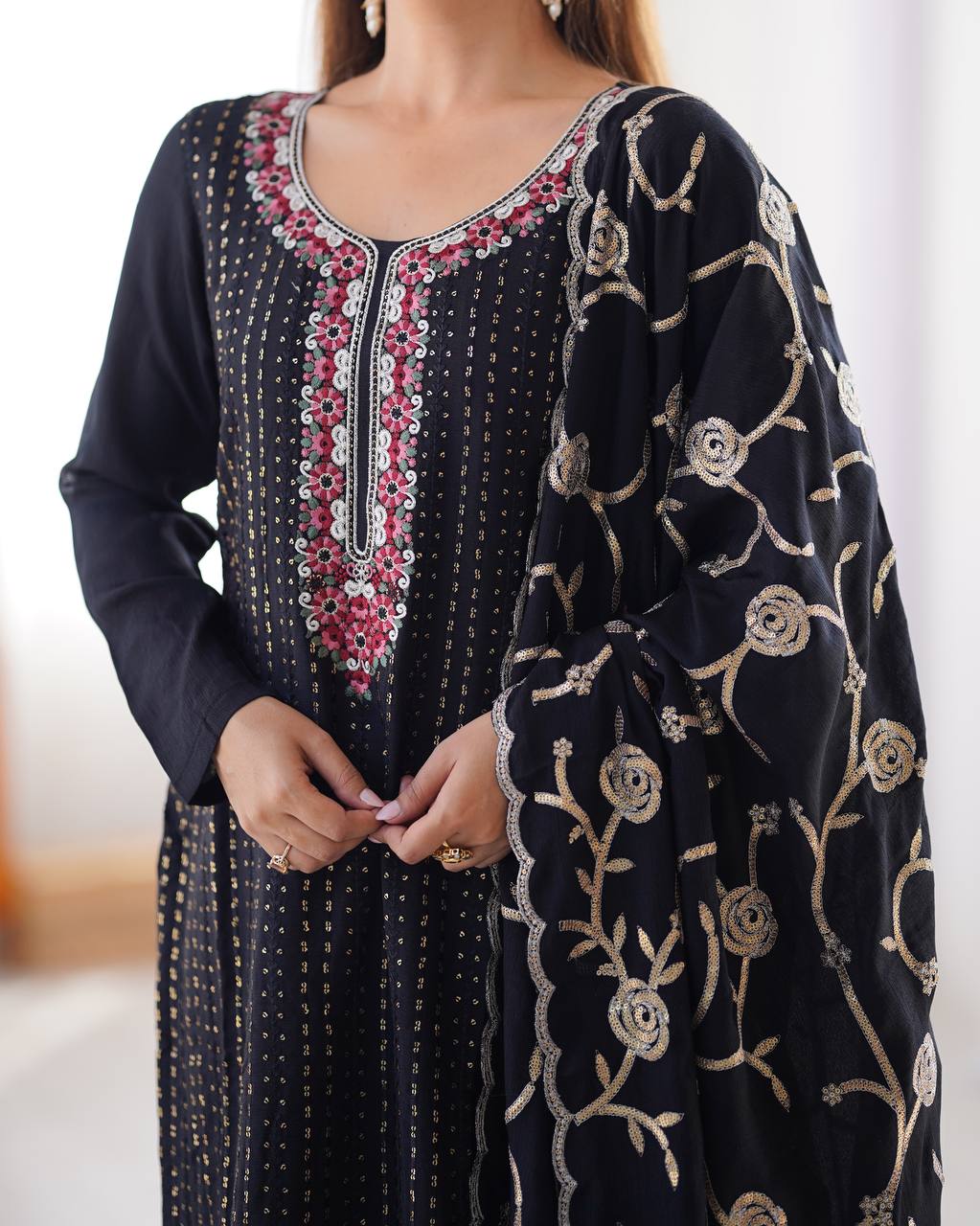 Chinon Sequnce Work Black Kurta set