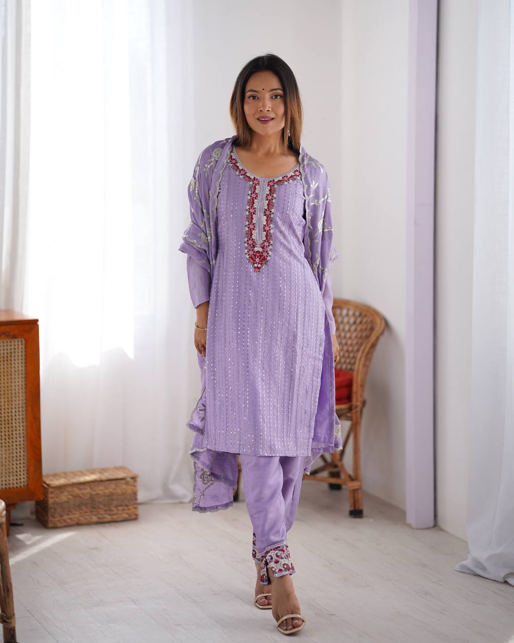 Lite Purple Chinon Kurta Set
