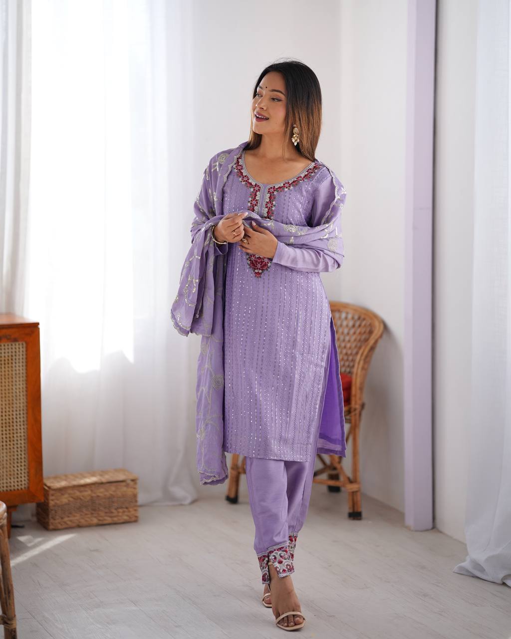 Lite Purple Chinon Kurta Set