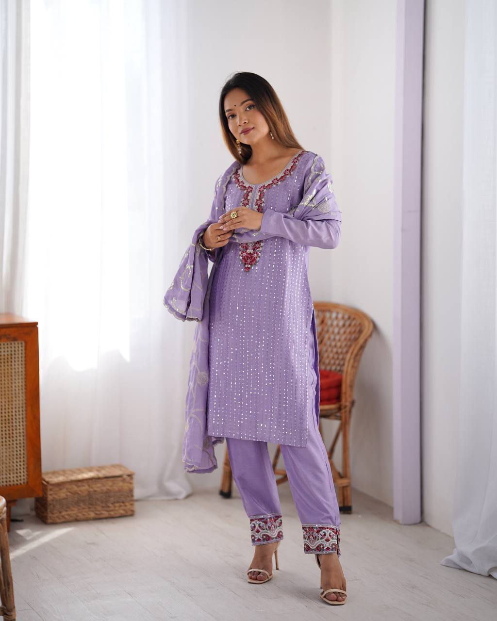 Lite Purple Chinon Kurta Set