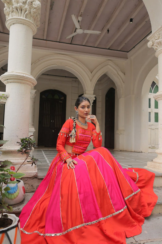 Red and pink mirror lace embellished Navratri Lehenga choli