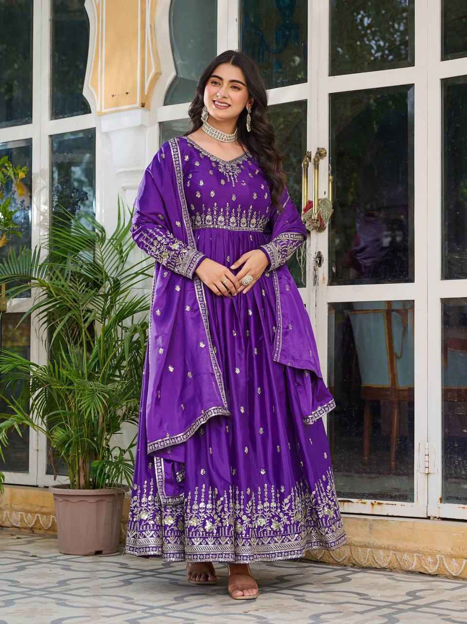 Purple Embroidered Anarkali Suit