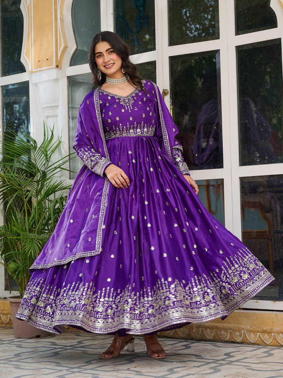 Purple Embroidered Anarkali Suit