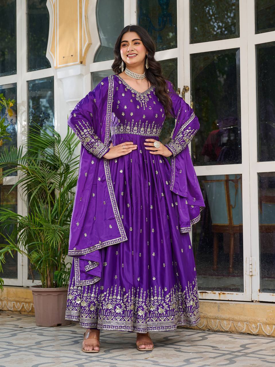 Purple Embroidered Anarkali Suit