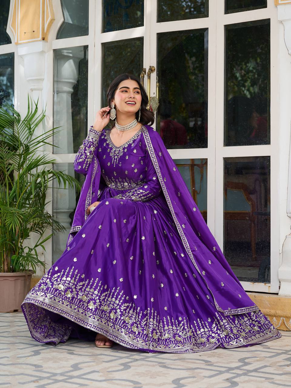 Purple Embroidered Anarkali Suit
