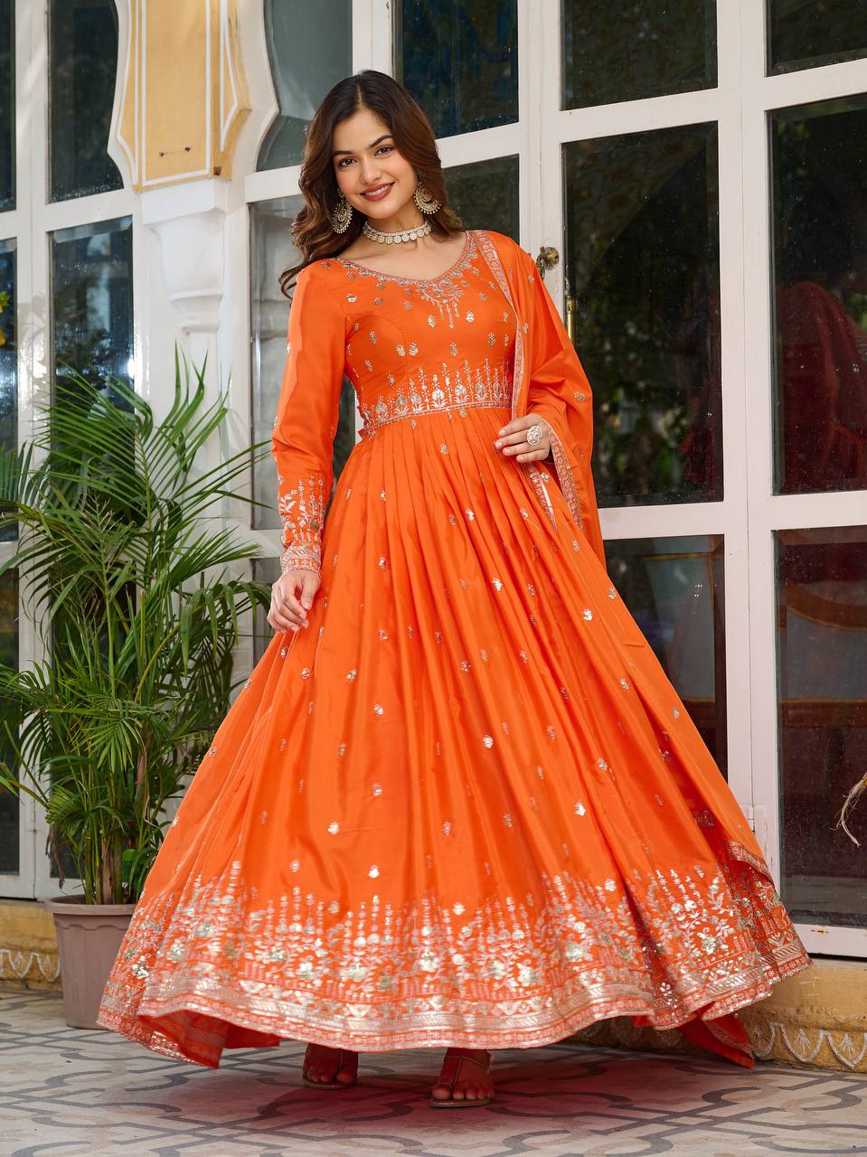 Orange Embroidered Anarkali Suit