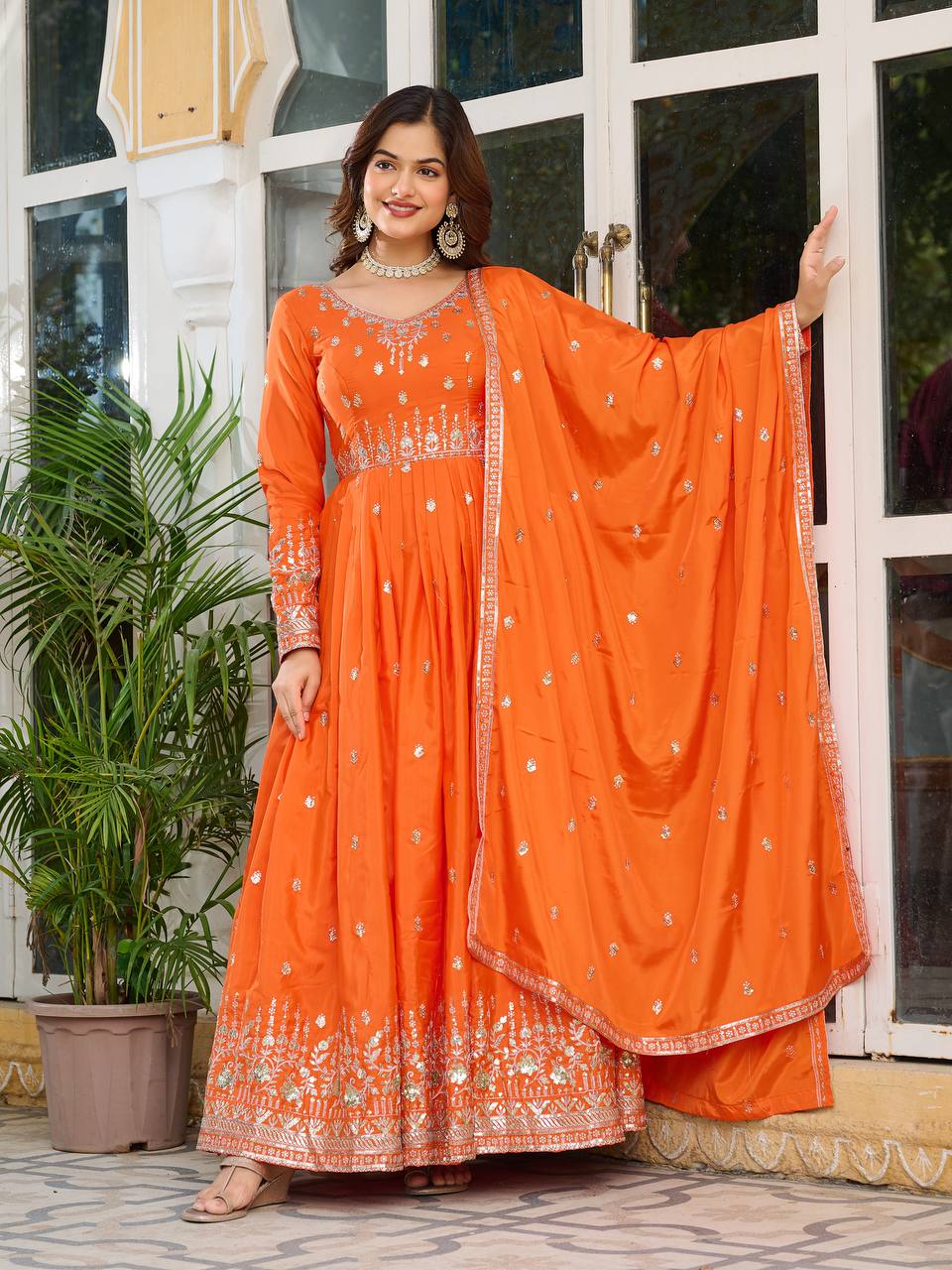 Orange Embroidered Anarkali Suit