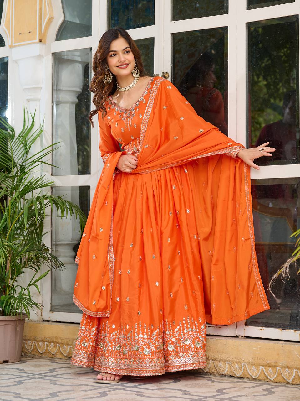 Orange Embroidered Anarkali Suit