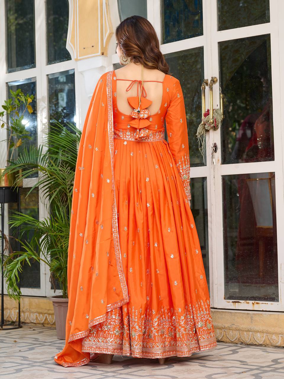 Orange Embroidered Anarkali Suit