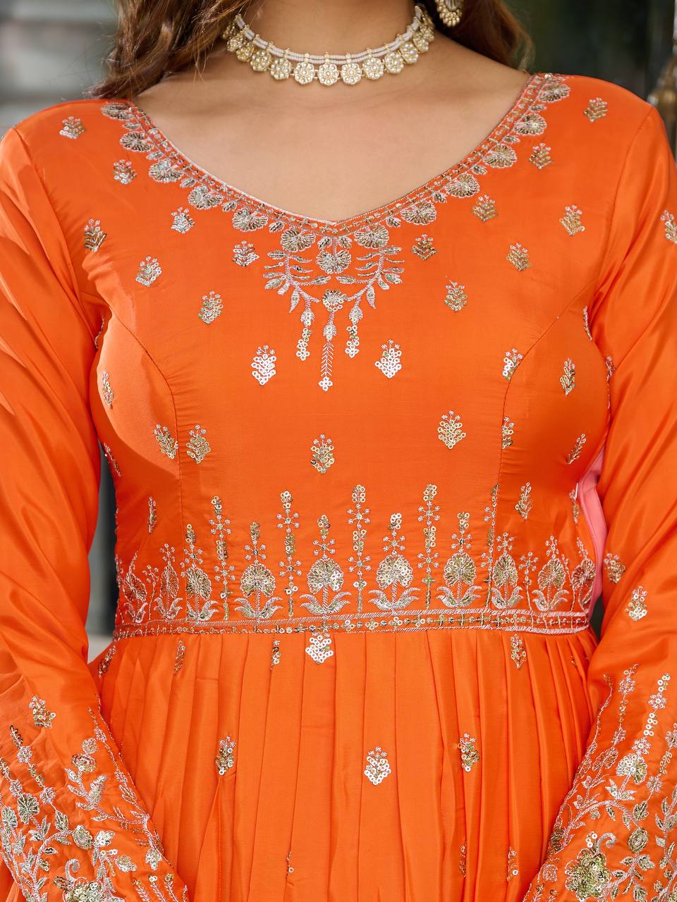Orange Embroidered Anarkali Suit