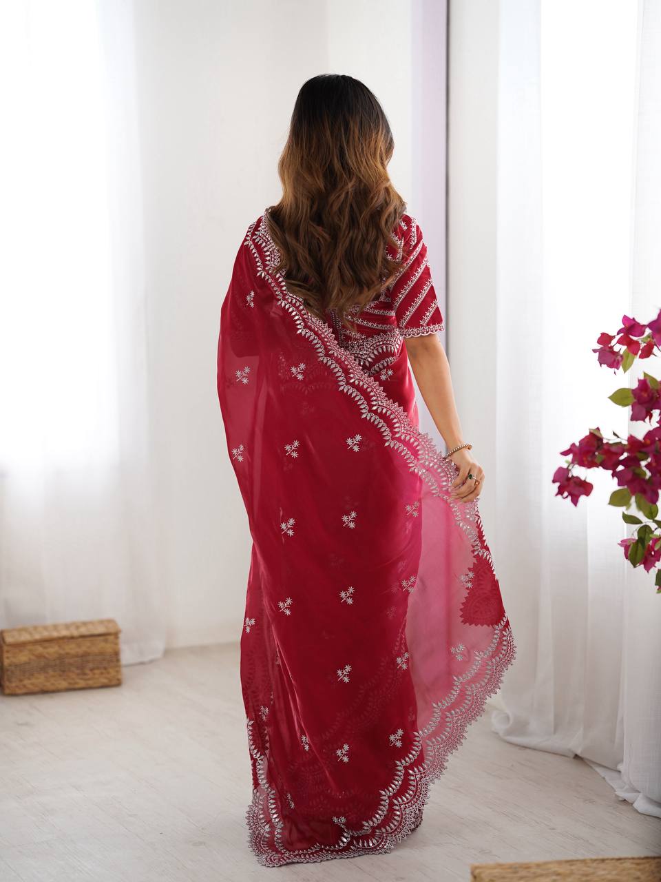 Red Embroidered Organza Saree