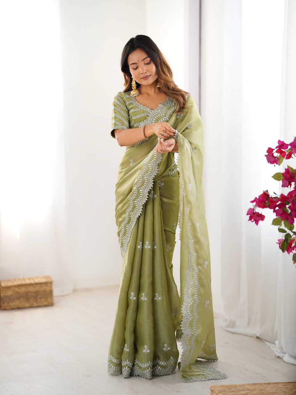 Pista Embroidered Organza Saree