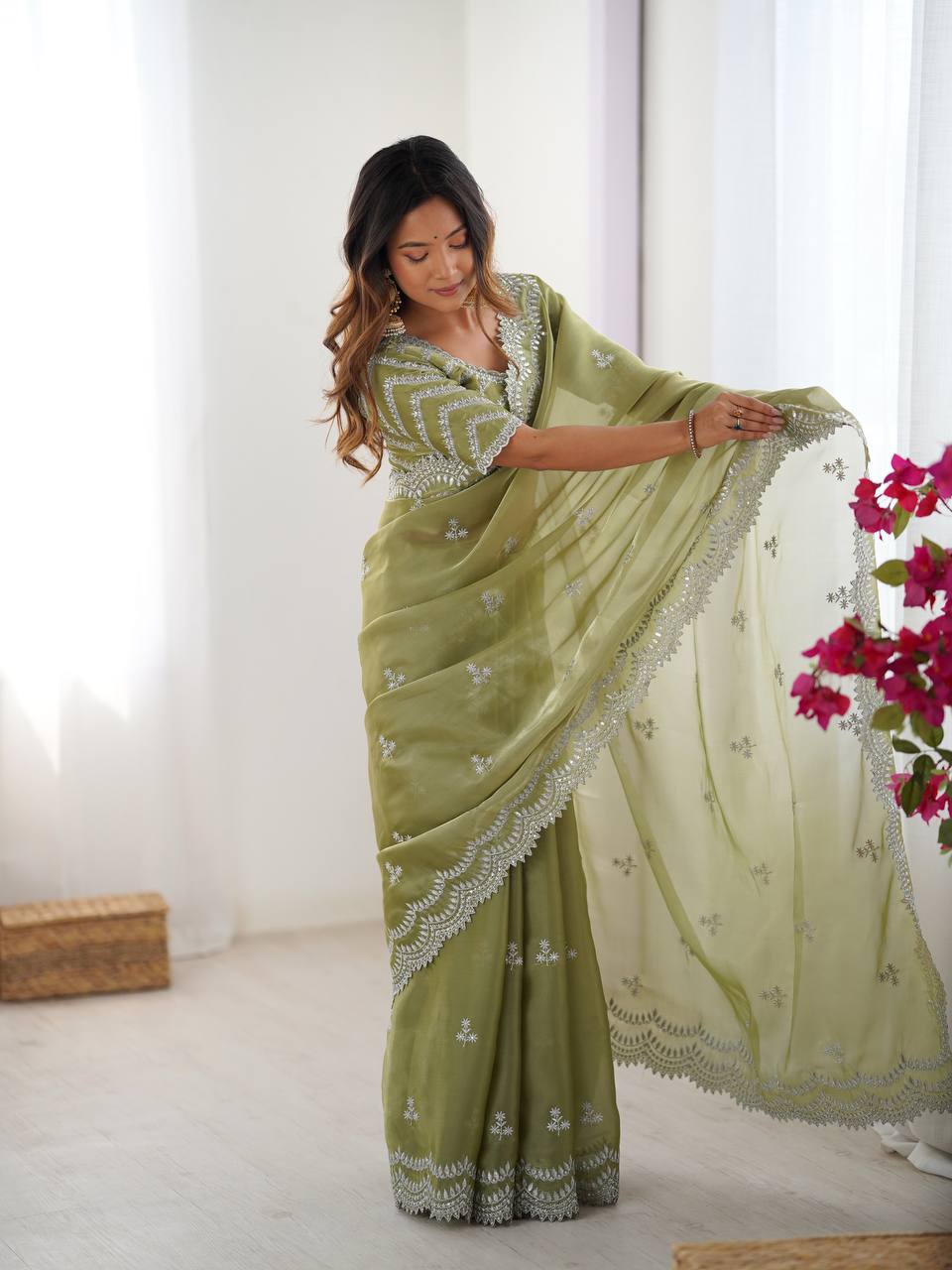 Pista Embroidered Organza Saree
