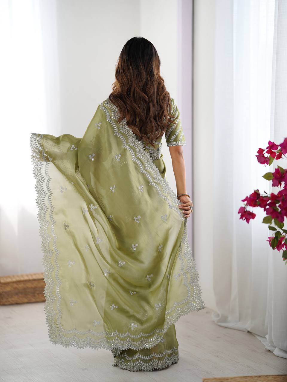 Pista Embroidered Organza Saree