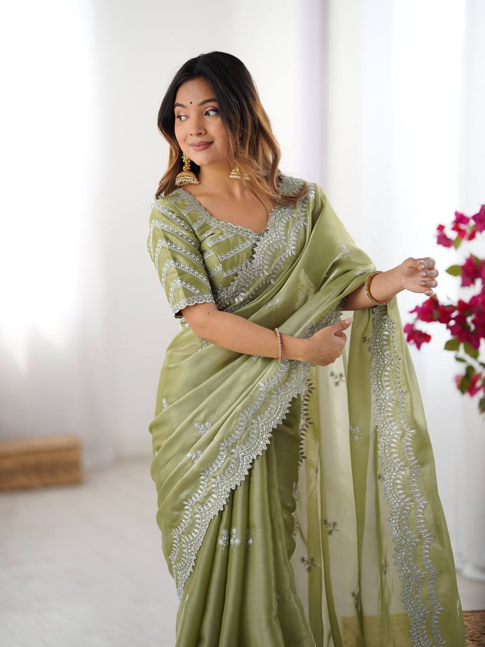 Pista Embroidered Organza Saree