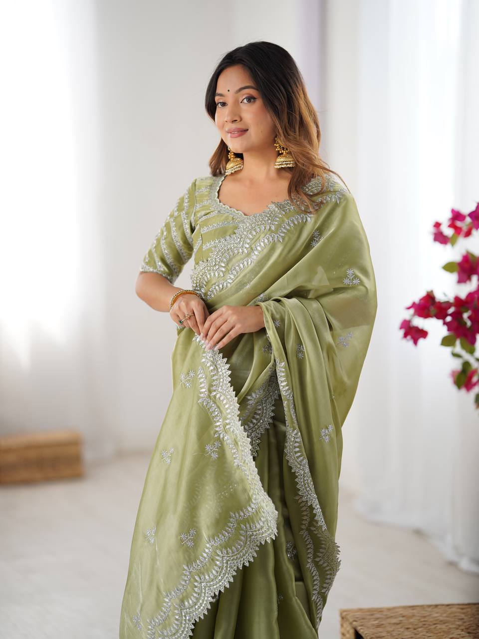 Pista Embroidered Organza Saree