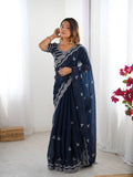 Navy Blue Embroidered Organza Saree