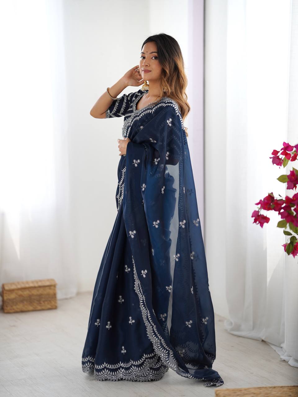 Navy Blue Embroidered Organza Saree