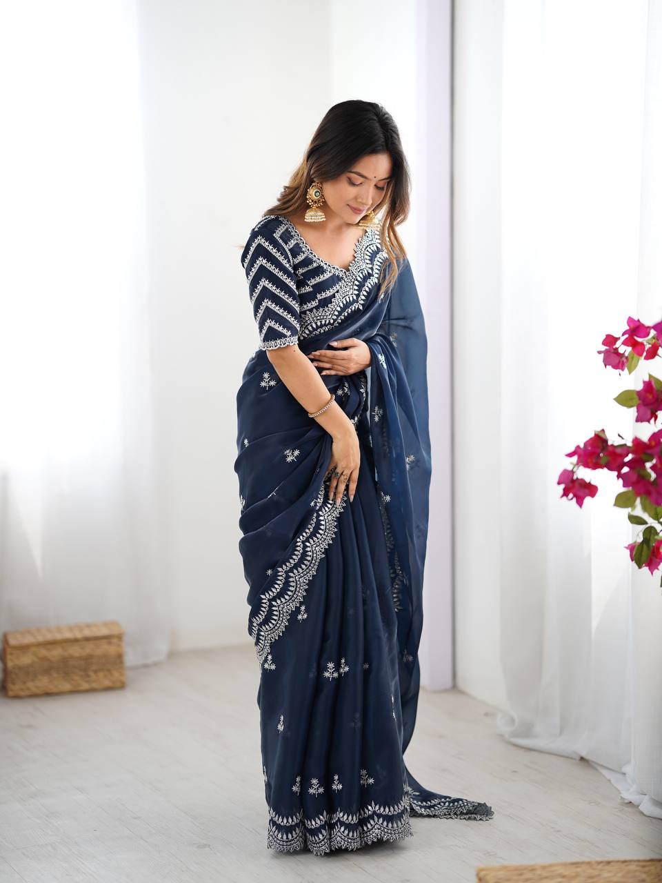 Navy Blue Embroidered Organza Saree