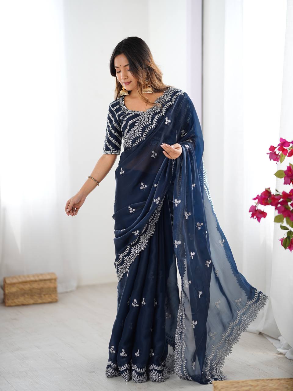 Navy Blue Embroidered Organza Saree