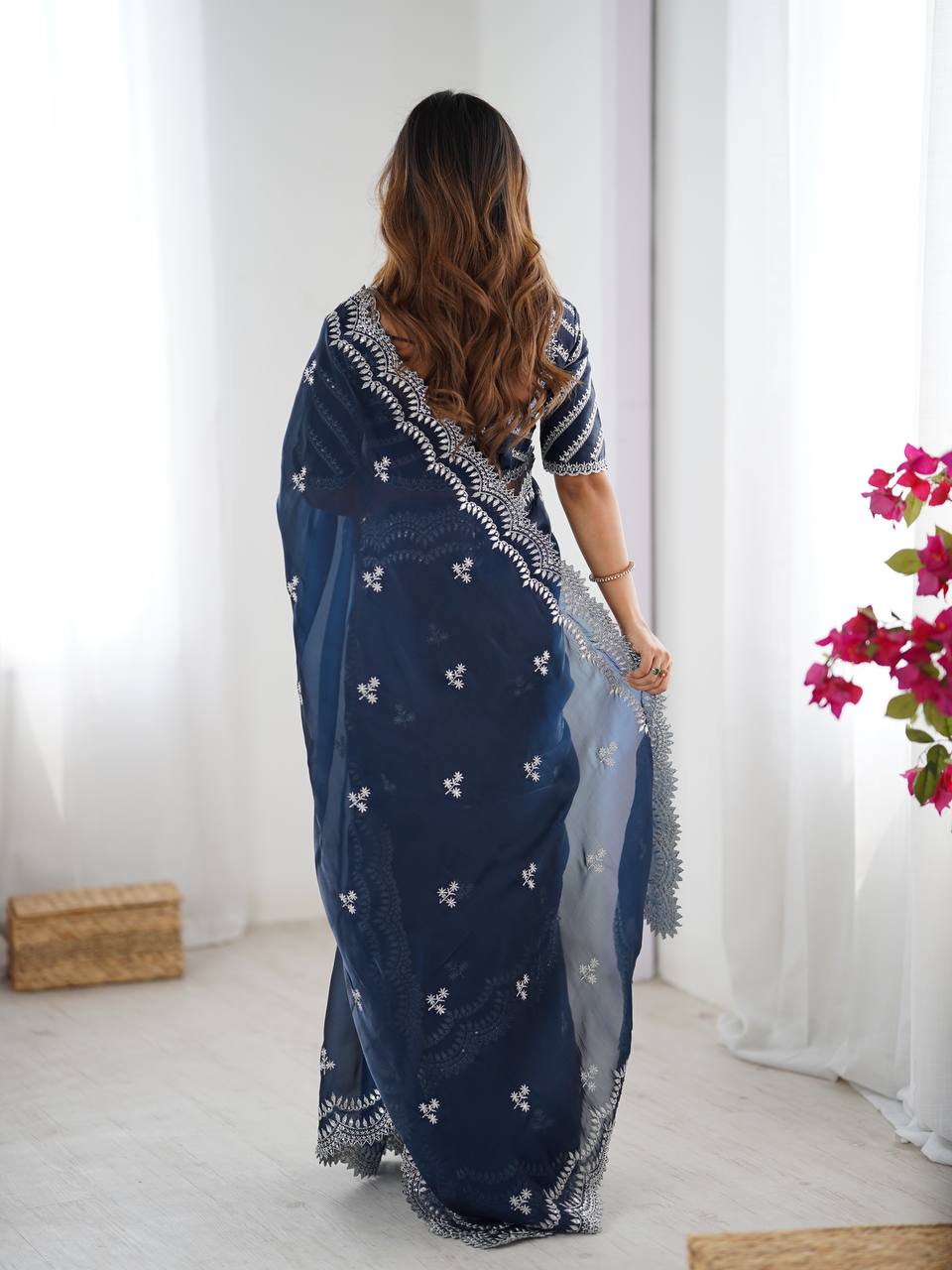 Navy Blue Embroidered Organza Saree