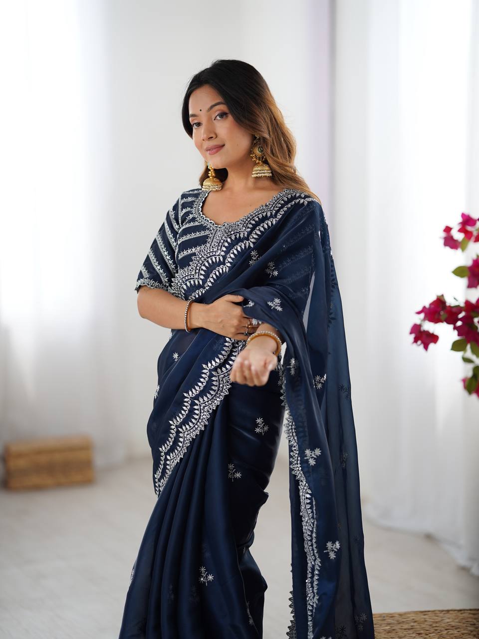 Navy Blue Embroidered Organza Saree