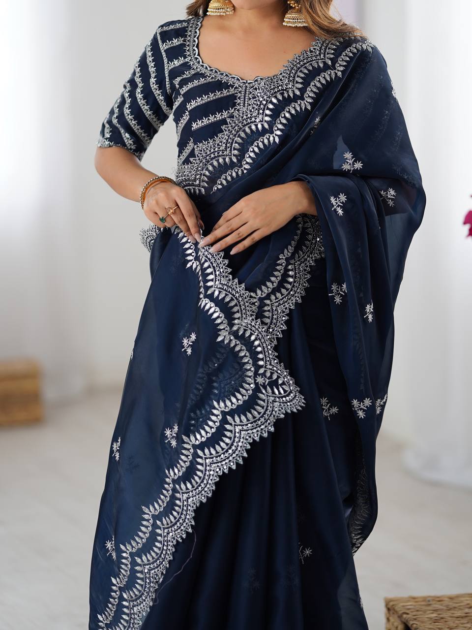 Navy Blue Embroidered Organza Saree