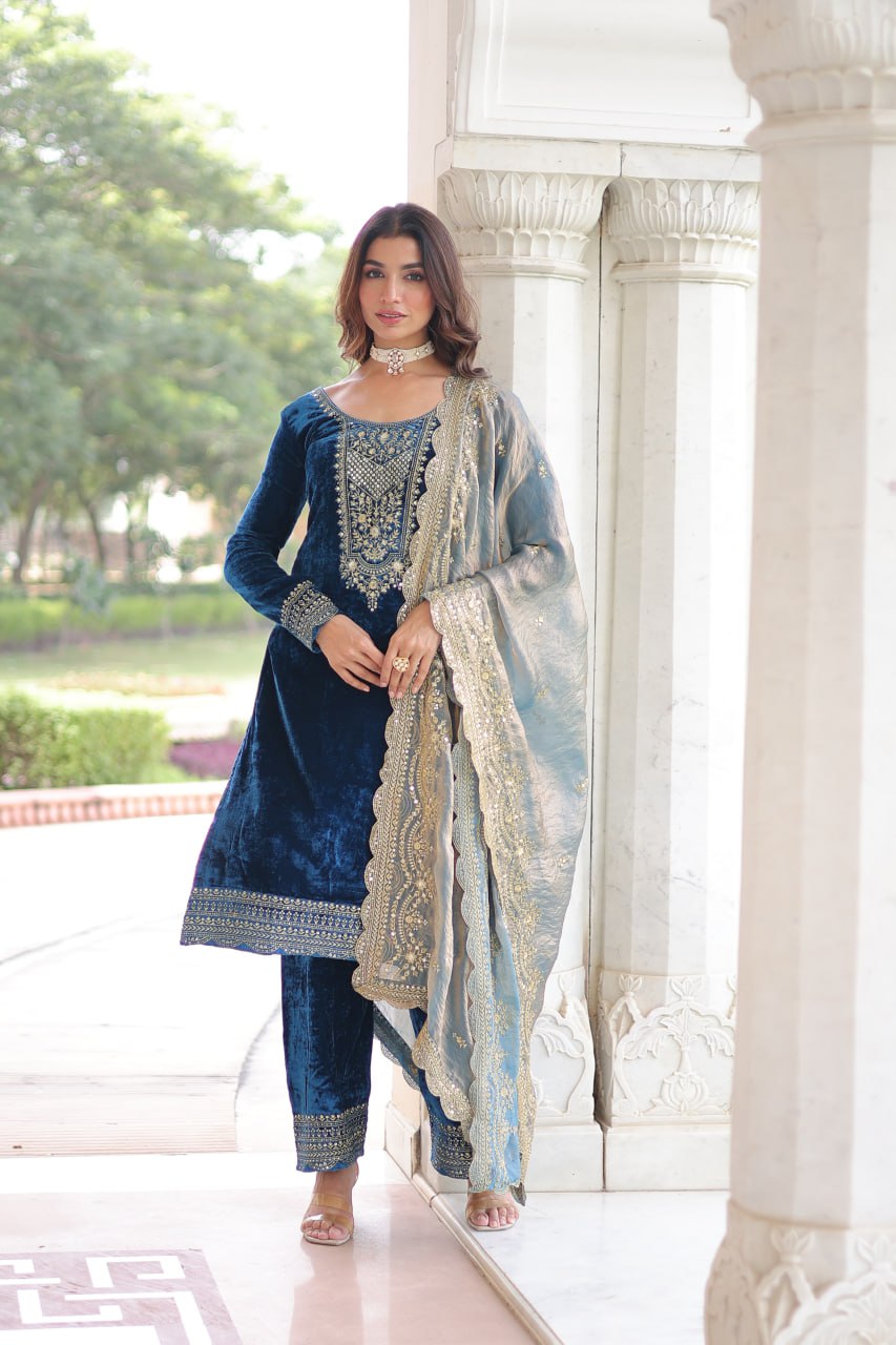 Blue Embroidered Velvet Straight Suit With Dupatta