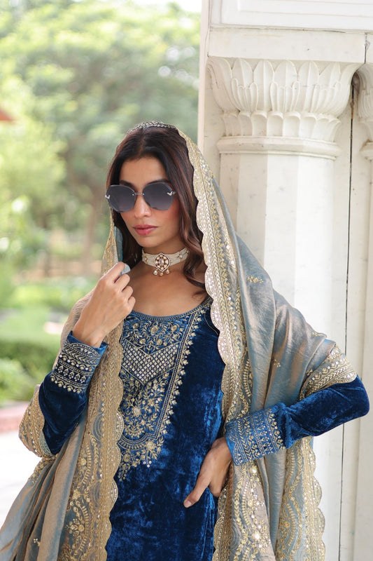 Blue Embroidered Velvet Straight Suit With Dupatta