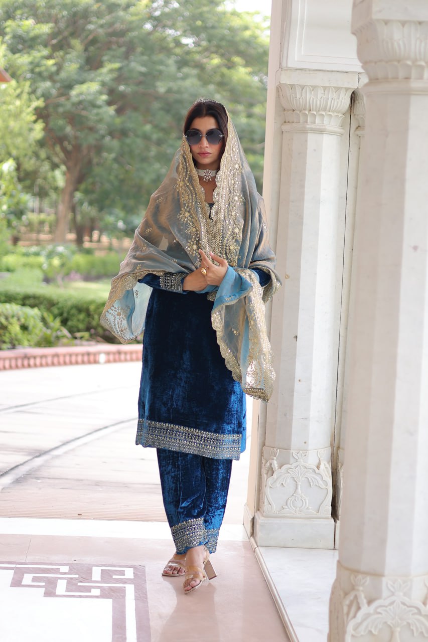 Blue Embroidered Velvet Straight Suit With Dupatta