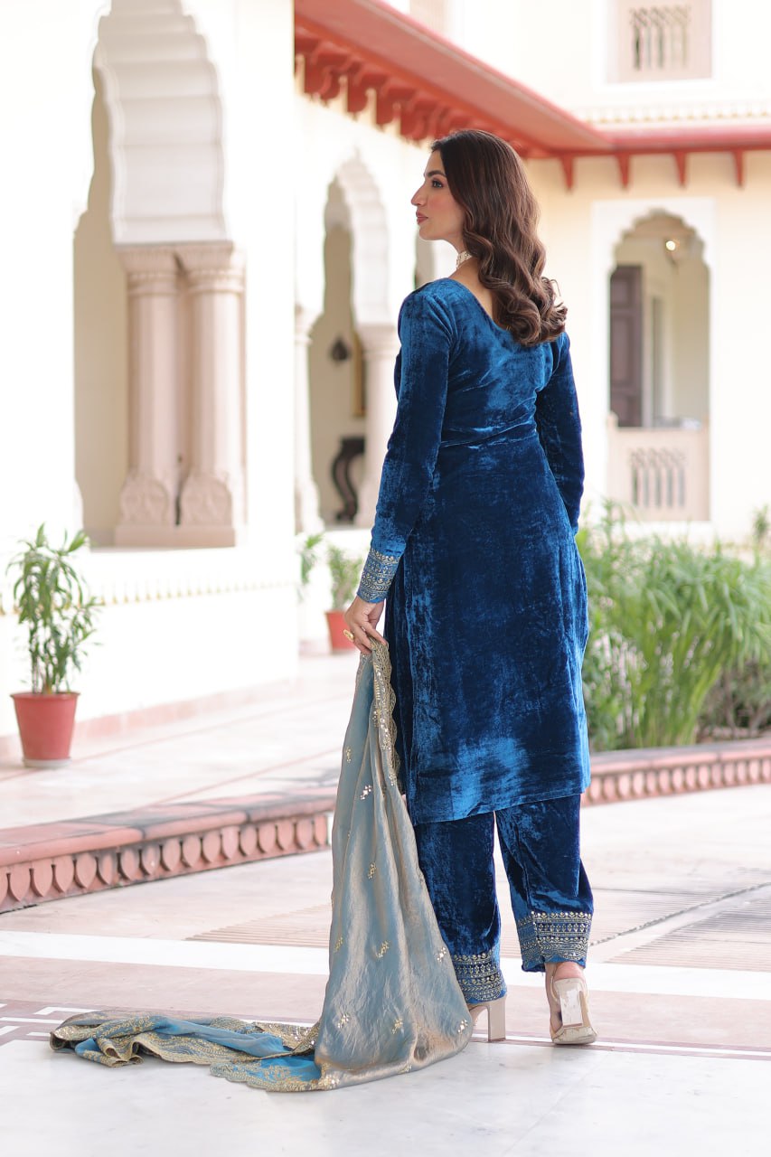 Blue Embroidered Velvet Straight Suit With Dupatta