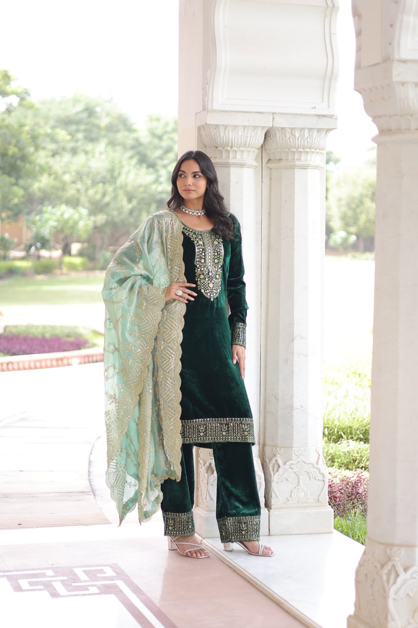 Green Embroidered Velvet Straight Suit With Dupatta