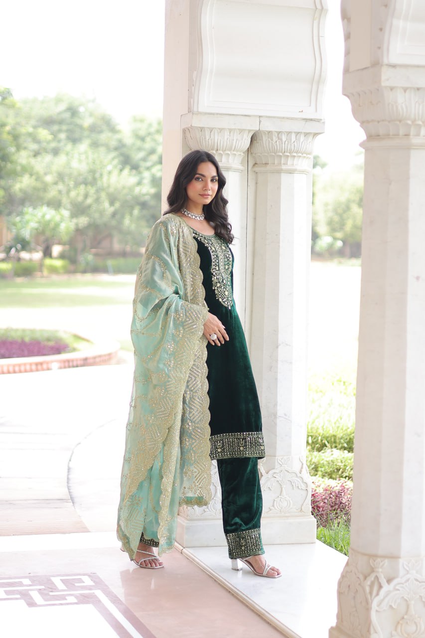 Green Embroidered Velvet Straight Suit With Dupatta